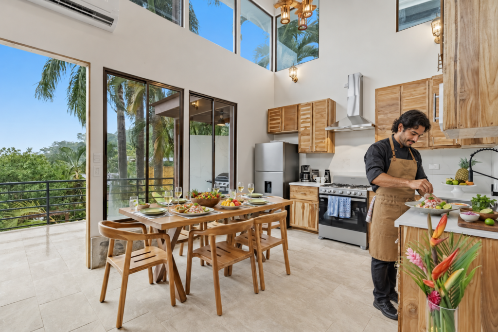 Meal preparation and presentation in a villa kitchen