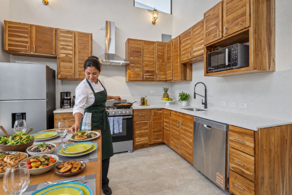 Meal preparation and presentation in a villa kitchen