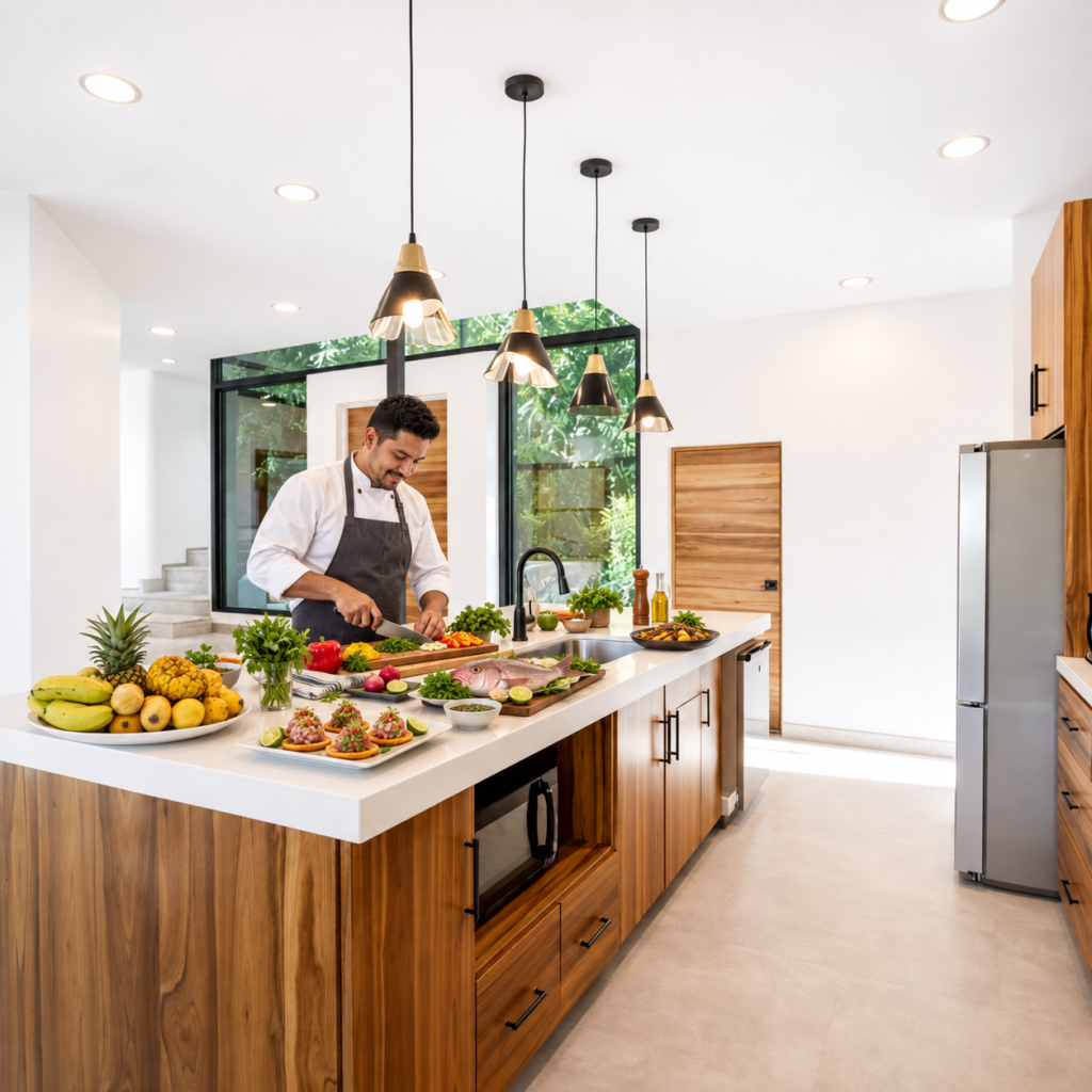 Preparación y presentación de comida en la cocina de una villa