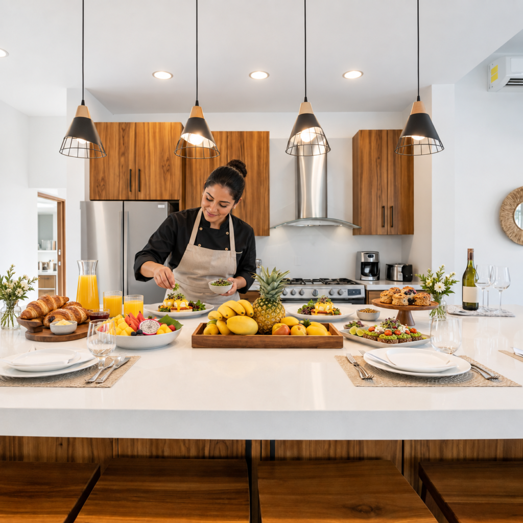 Preparación y presentación de comida en la cocina de una villa