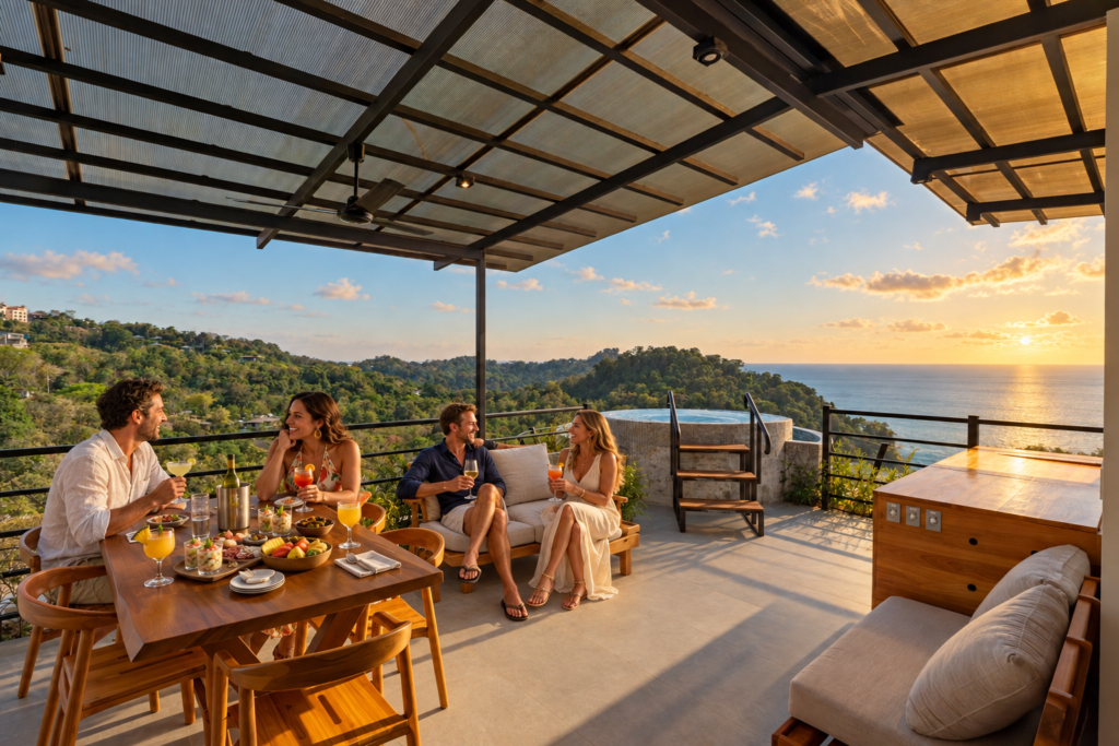Un grupo comparte bebidas en una terraza con vista al mar