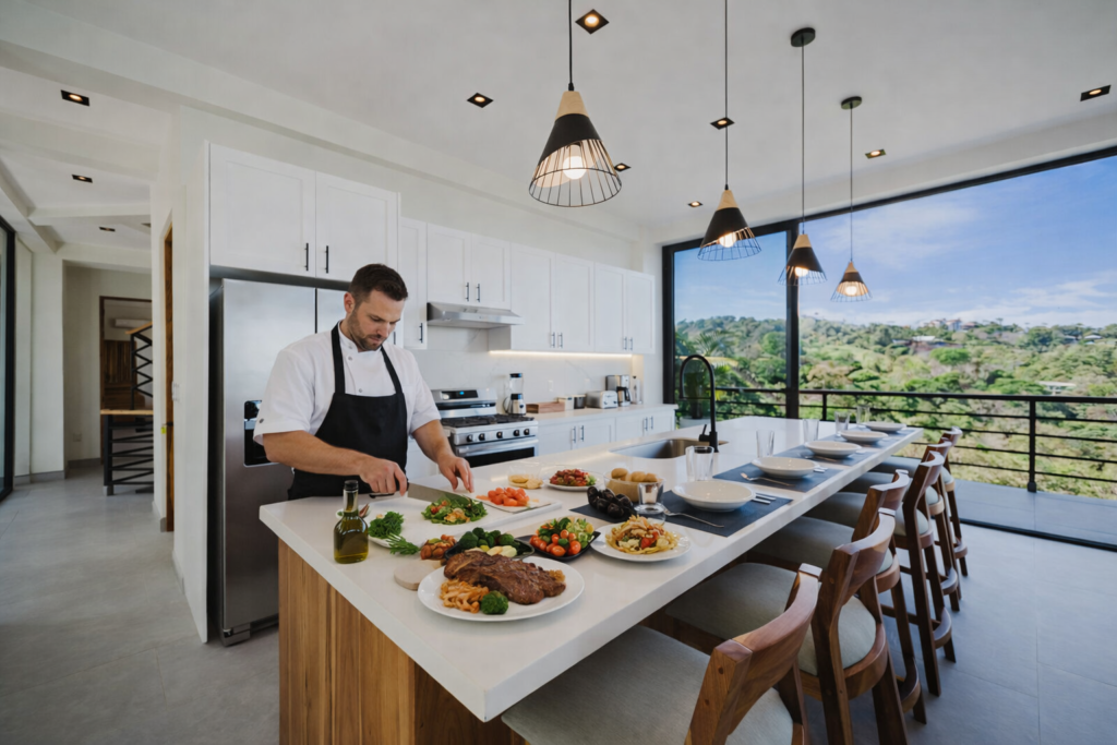 Meal preparation and presentation in a villa kitchen